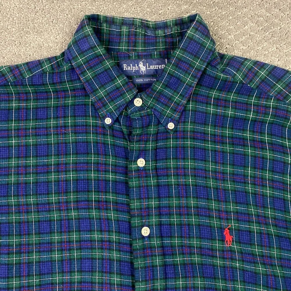 Vintage Ralph Lauren Flannel Shirt Men's XL Green Blue Plaid Tartan Blackwatch - Picture 2 of 13